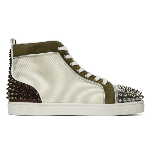 Christian Louboutin Mens Lou Spikes 2 Flat White Green High Top Sneaker 49 16 - Picture 1 of 12